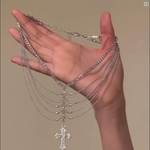 レディースファッション アクセサリー 綺麗 上品 海外 多層 クロス ネックレス レディース ハイエンド ジルコン 鎖骨 チェーン タッセル ネック