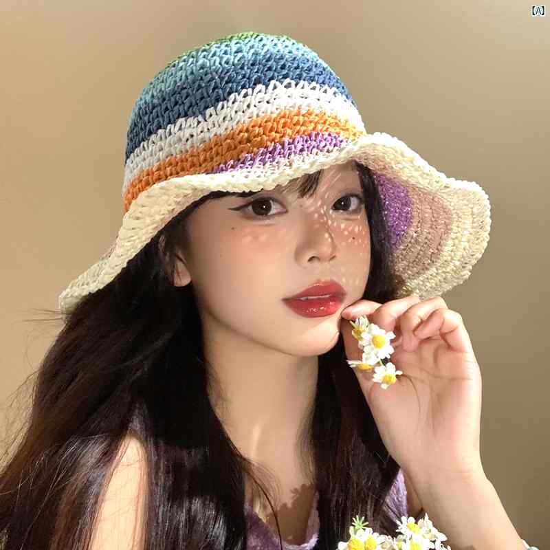 レディースファッション　ファッション小物　オシャレ 虹 編み 麦わら 帽子 夏 フランス サンシェード 日焼け防止 海辺 ビーチ 休暇 太陽