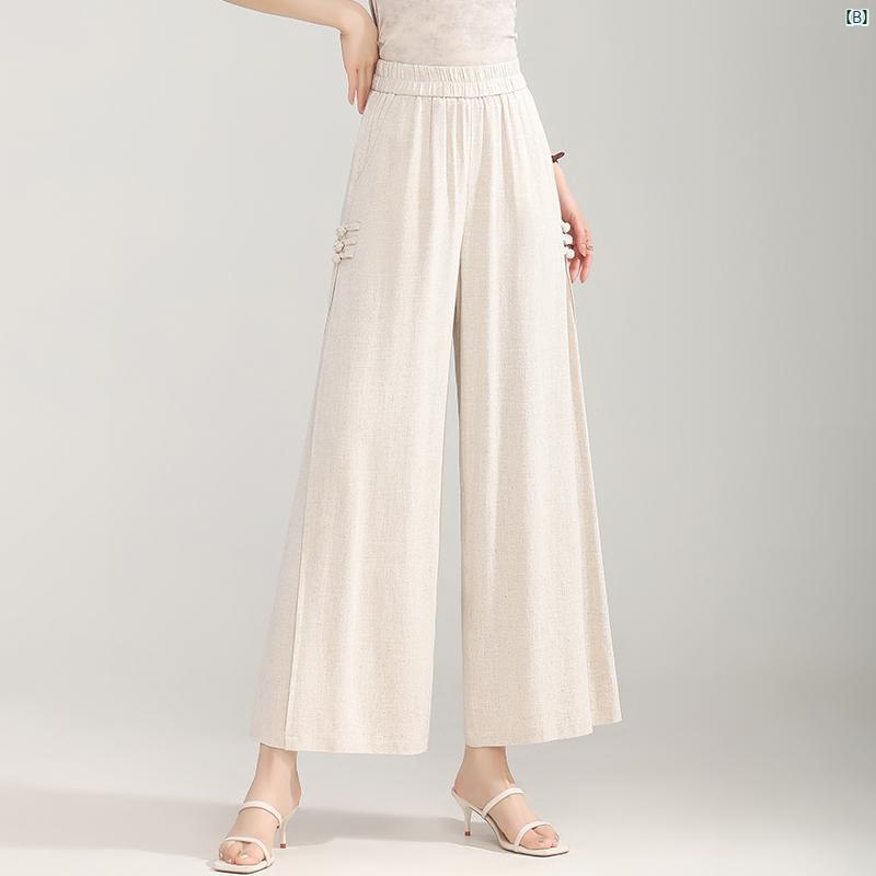 中華風 ラミー レディースパンツ 夏 薄手 ハイウエスト たり ワイド レッグ パンツ スリム 大きいサイズ 大きい 足 九分丈