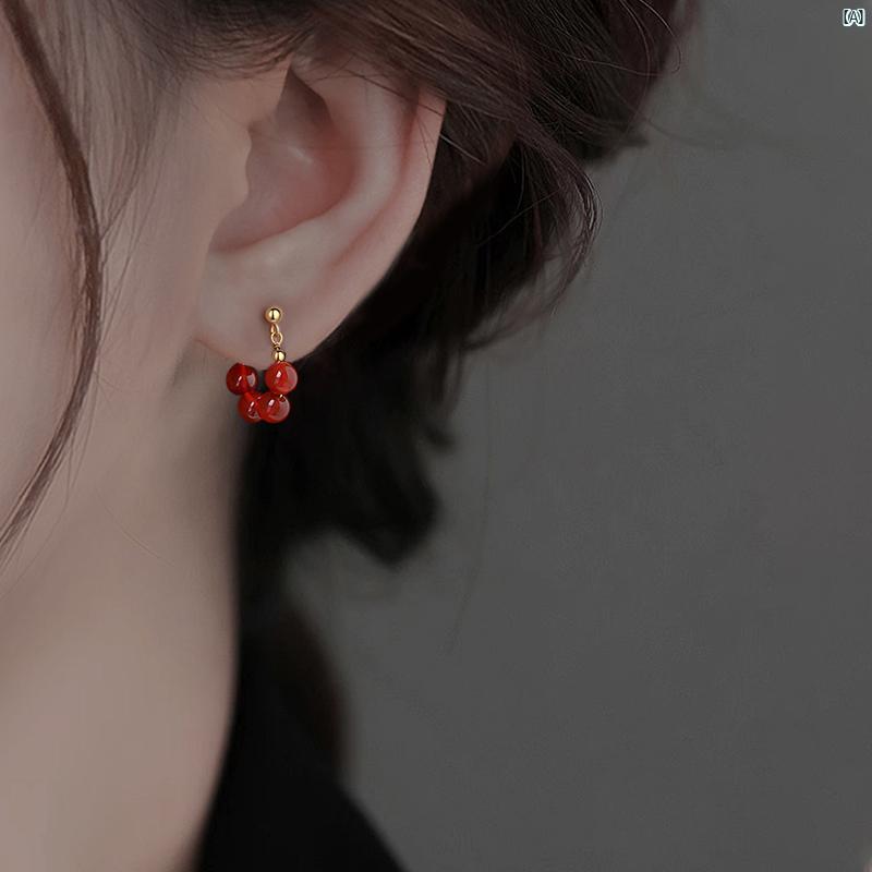 レディース アクセサリー ファッション おしゃれ 韓国 上品 綺麗 シンプル ミス スターリングシルバー レッド 瑪瑙 イヤリング ホット ライト 高級 レトロ