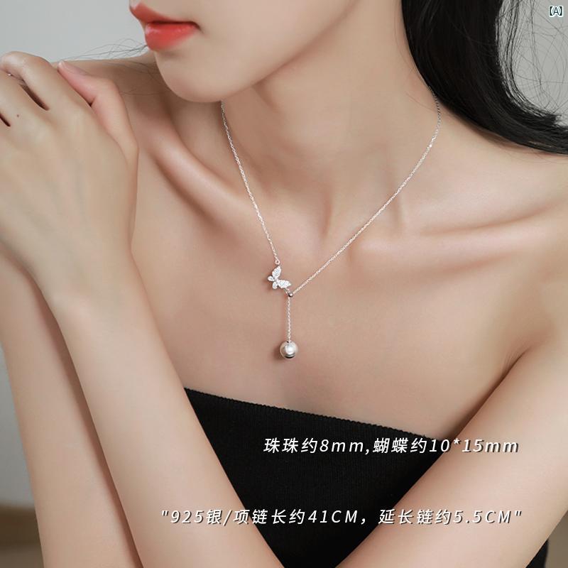 レディース アクセサリー ファッション おしゃれ 韓国 上品 綺麗 シンプル スターリングシルバー バタフライ タッセル パールネックレス ホット ライト 高級 鎖骨 チェーン ネックレス