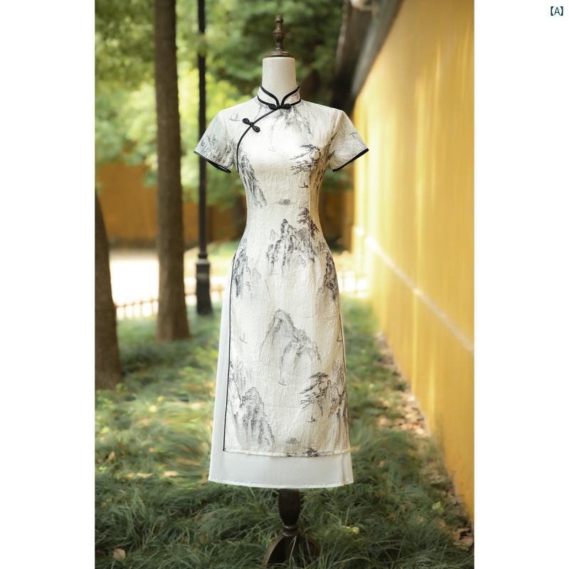 レディース　中華ドレス　中国ドレス　チャイナドレス　綺麗　オシャレ　パーティー　披露宴　上品 アオザイ チャイナ ドレス 夏 中華風 母 風景 茶