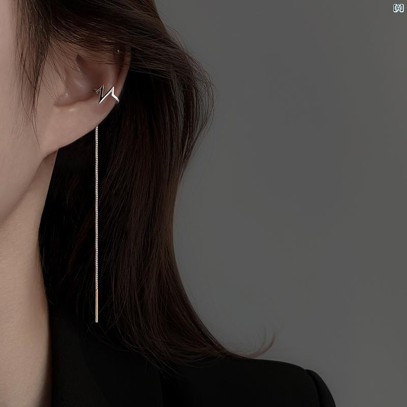 レディース アクセサリー ファッション おしゃれ 韓国 上品 綺麗 シンプル ミス スターリングシルバー ハート ビート イヤー クリップ 統合 耳 ワイヤー 耳骨 チェーン ロング イヤリング