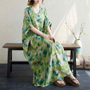 レディース ファッション シンプル オシャレ かわいい グリーン プリント スカート 夏 花柄 ホリデー 旅行 Vネック レトロ ロング カバー 肉 コットン リネン ドレス(4)