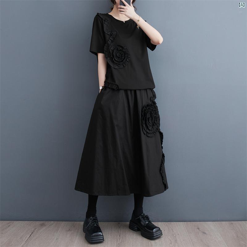 レディース ファッション　シンプル　オシャレ　かわいい 夏 ゆったり 文学 立体 花 装飾 Tシャツ フラワースカート 2点セット 無地(4)