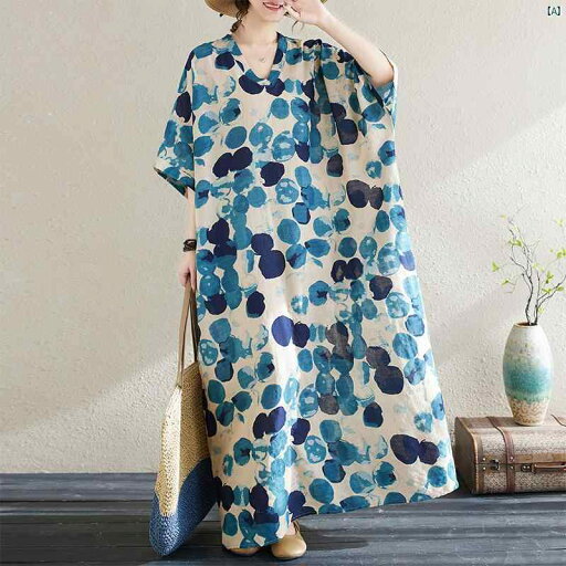 レディース ファッション シンプル オシャレ 夏 花柄 ホリデー 旅行 肌 カバー Vネック レトロ ロング スカート コットン リネン ドレス ドット 膝丈 レディース ファッション シンプル オシャレ 夏 花柄 ホリデー 旅行 肌 カバー Vネック レトロ ロング スカート コットン リネン ドレス ドット 膝丈