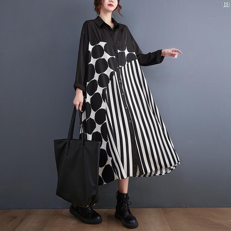 レディース　ファッション　オシャレ　シンプル 春 ファッション ドレス カラー ブロック 大きいサイズ 水玉 シャツ レディース 膝上