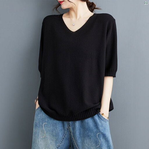 レディース ファッション ゆったり シンプル オシャレ 夏 カール カジュアル 無地 Vネック 大きいサイズ 半袖 Tシャツ セーター レディース ファッション ゆったり シンプル オシャレ 夏 カール カジュアル 無地 Vネック 大きいサイズ 半袖 Tシャツ セーター