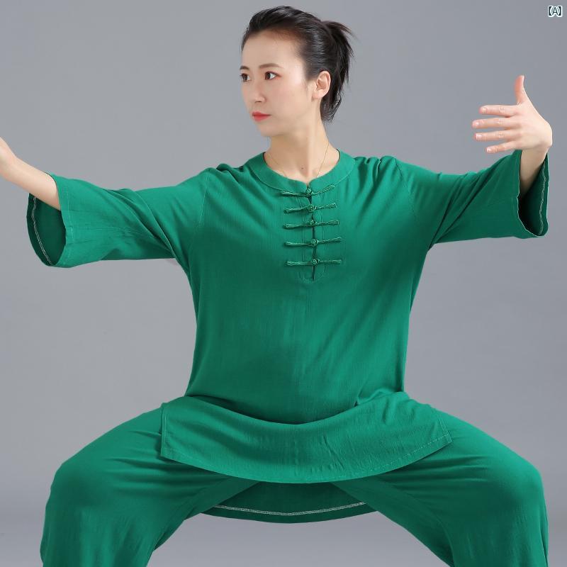 レディース 太極拳 服 コットン 麻 武道 男性用 中華風 半袖 練習 春夏 ミッド スリーブ ファイン イー