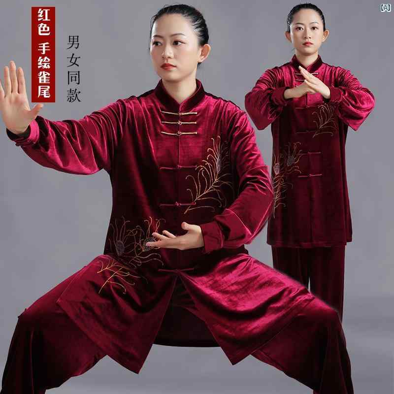 レディース 太極拳 セットアップ可能 厚手 韓国 ベルベット 手描き 雀 尾 武術 服 男性用 練習用 秋冬(4)