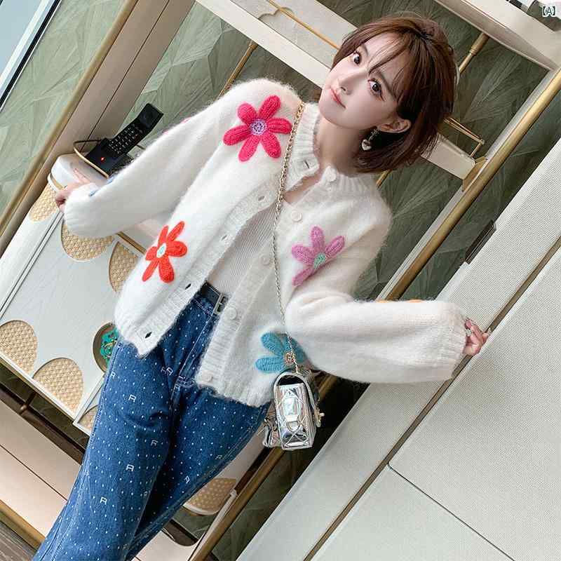 レディース　ファッション　おしゃれ　韓国　海外風 モヘア カラフル フラワー 刺繍 ウール ニット セーター カーディガン S ジャケット