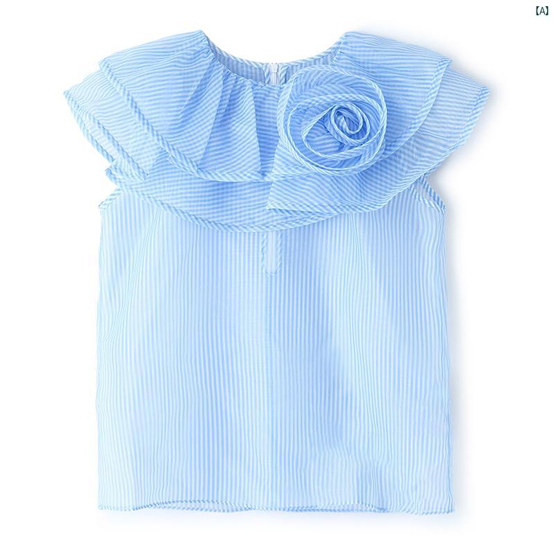 レディース ファッション トップス オシャレ かわいい 爽か 感 ブルー ホワイトストライプ フリル 襟 プレート フラワー ノースリーブ トップス