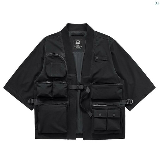 HOGEX 機能 風 道教 ローブ メンズ 春 七分袖 マルチ ポケット ジャケット サイバー パンク カーディガンジャケット HOGEX 機能 風 道教 ローブ メンズ 春 七分袖 マルチ ポケット ジャケット サイバー パンク カーディガンジャケット