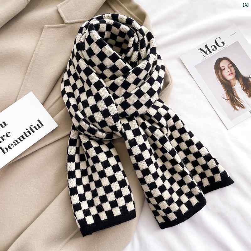 ブラック ホワイト 市松 模様 ニット ウール スカーフ 男子 ガールズ 学生 秋冬 大きい 子供 小柄 首 柔らか ワックス 状 す