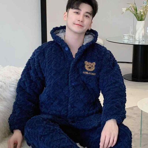 秋冬 カップル 3層 厚手 キルティング パジャマ コーラル ベルベット フランネル メンズレディース ホーム 服 セット ミドル丈 秋冬 カップル 3層 厚手 キルティング パジャマ コーラル ベルベット フランネル メンズレディース ホーム 服 セット ミドル丈