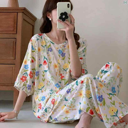 レディース ミッド スリーブ コットン パジャマ 夏 半袖 ズボン ママ ホーム 服 セットアップ可能お母さん 大きいサイズ レディース ミッド スリーブ コットン パジャマ 夏 半袖 ズボン ママ ホーム 服 セットアップ可能お母さん 大きいサイズ
