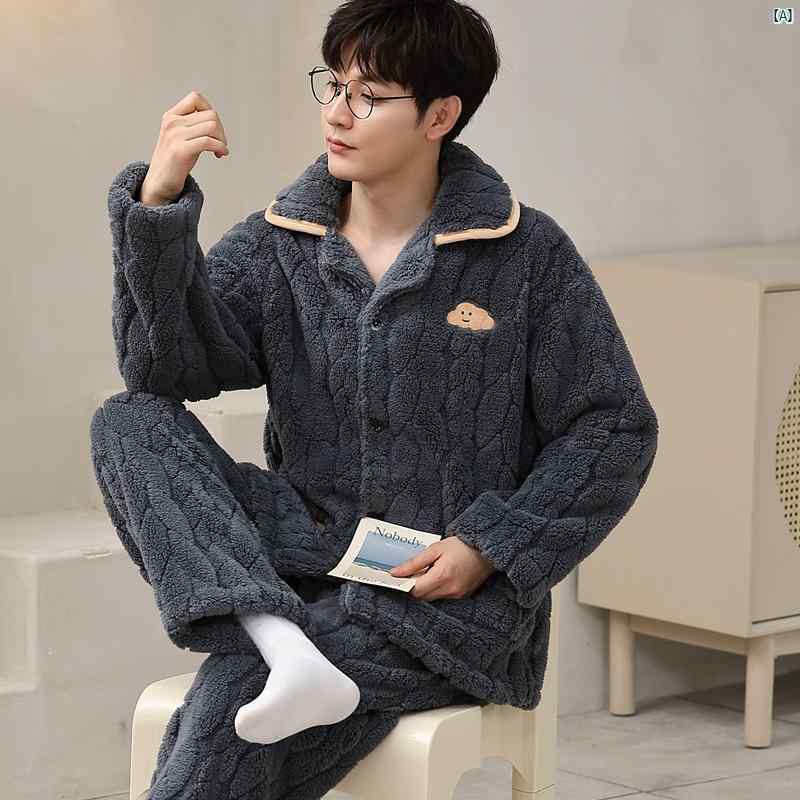 冬 厚手 男性用 コーラル ベルベット パジャマ 裏起毛 長袖 フランネル ホーム 服 秋 セットアップ可能