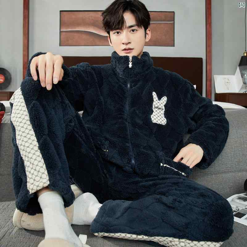 秋冬 男性用 コーラル ベルベット パジャマ 厚手 ティーンエイジャー フランネル ホーム 服 大きい 子供用 長袖 セットアップ可能