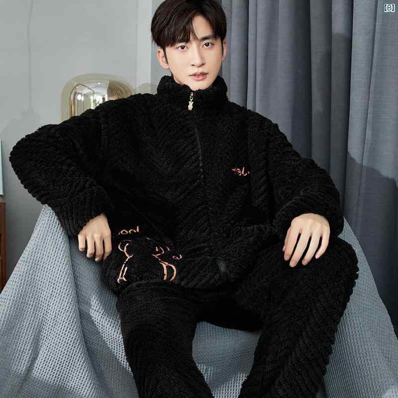 秋冬 男性用 コーラル ベルベット パジャマ 厚手 ティーンエイジャー フランネル ホーム 服 大きい 子供用 長袖 セットアップ可能