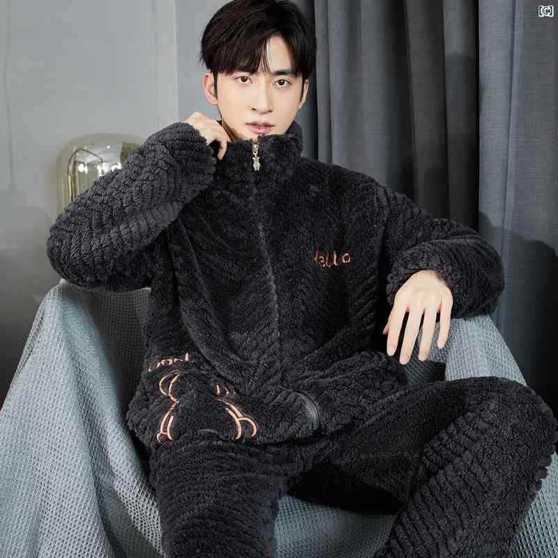 秋冬 男性用 コーラル ベルベット パジャマ 厚手 ティーンエイジャー フランネル ホーム 服 大きい 子供用 長袖 セットアップ可能