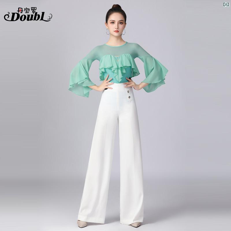 ダンス　練習着　ダンス衣装　社交ダンス衣装 Danbaoluo 秋冬 ダンス パンツ スーツ モダン ハイウエスト 社交 ワイド レッグ レディース