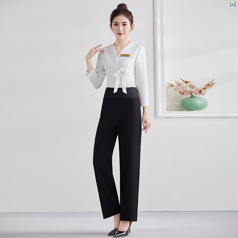 秋 レディース 高級 美容室 作業着 ホテル 足 湯 アテンダント 健康 センター 技術者 美容師 スーツ