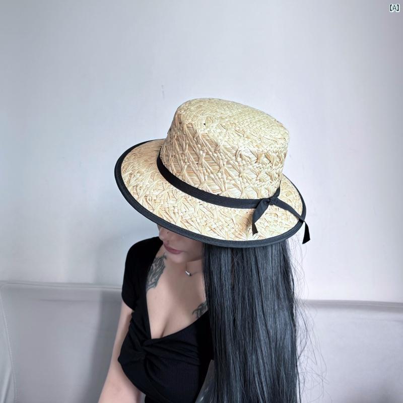 レディース　ファッション　帽子　オシャレ　モダン　上品　大歳　ファッションアイテム フレンチ 手編み 模様 ラフィア ハット 夏 ファッション 日よけ 小柄つ ば フラット トップハット す