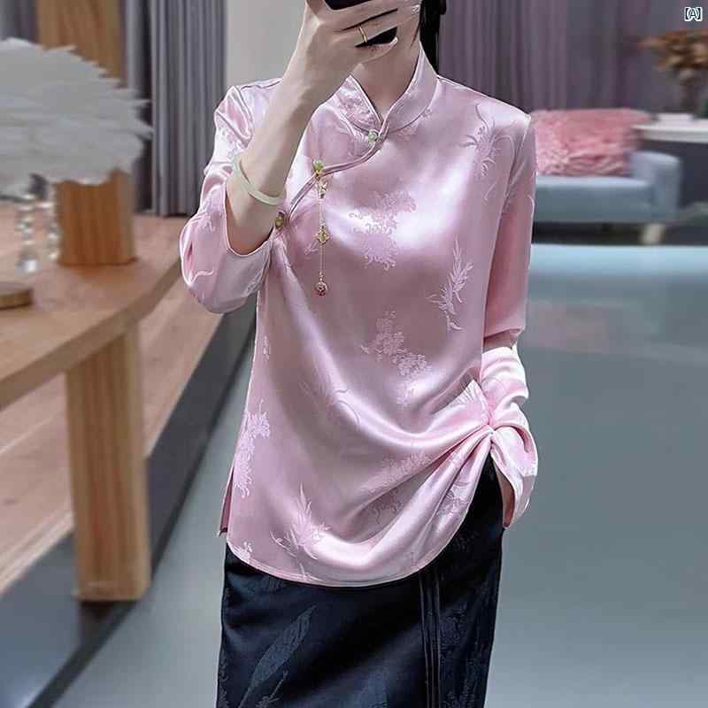 レディース　ファッション　中華風　中華ドレス 中華風 アセテート サテン ジャカード シャツ 春秋 チャイナ ドレス 唐 スーツ トップ