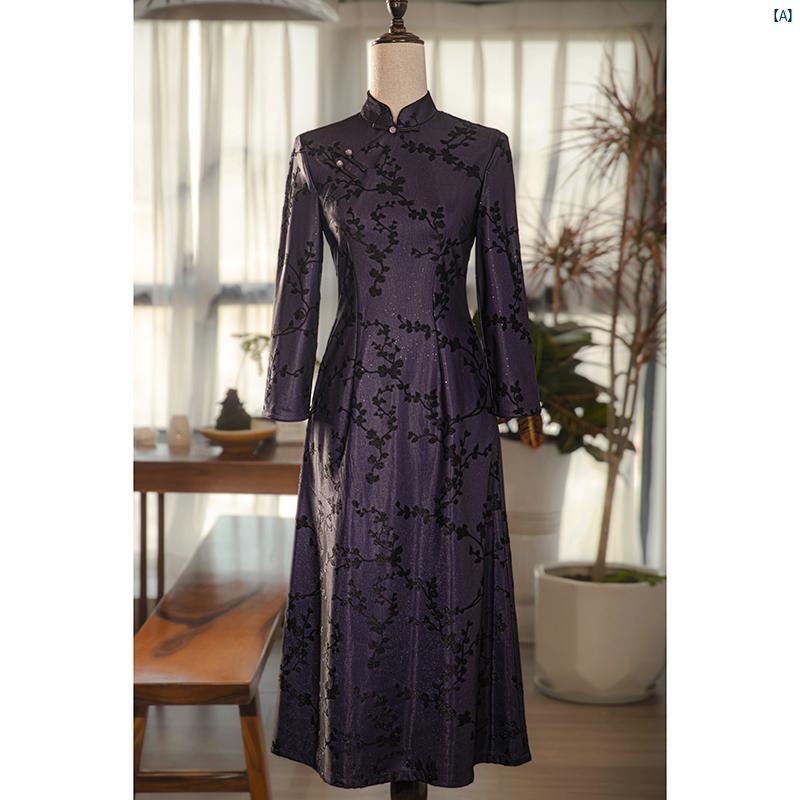 レディース　中華ドレス　中国ドレス　チャイナドレス　綺麗　オシャレ　パーティー　披露宴　上品 パープル チャイナ ドレス 秋冬 レディース 通常 義理 祖母 ウェディングドレス 着る こ す