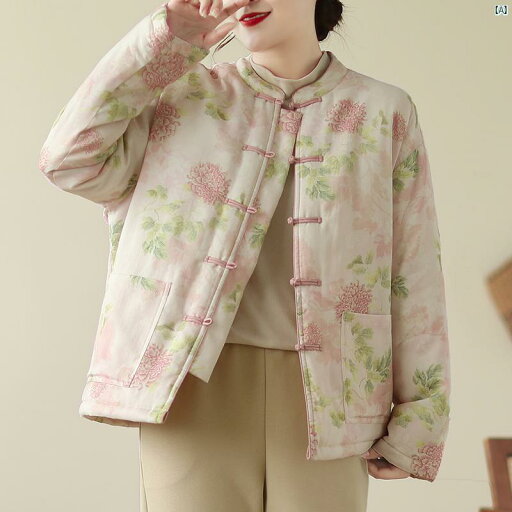 レディース ファッション 中華風 小柄 コットンジャケット レディース リネン コットン 服 冬服 ピンク プリント プレート ボタン トップ ジャケット レディース ファッション 中華風 小柄 コットンジャケット レディース リネン コットン 服 冬服 ピンク プリント プレート ボタン トップ ジャケット