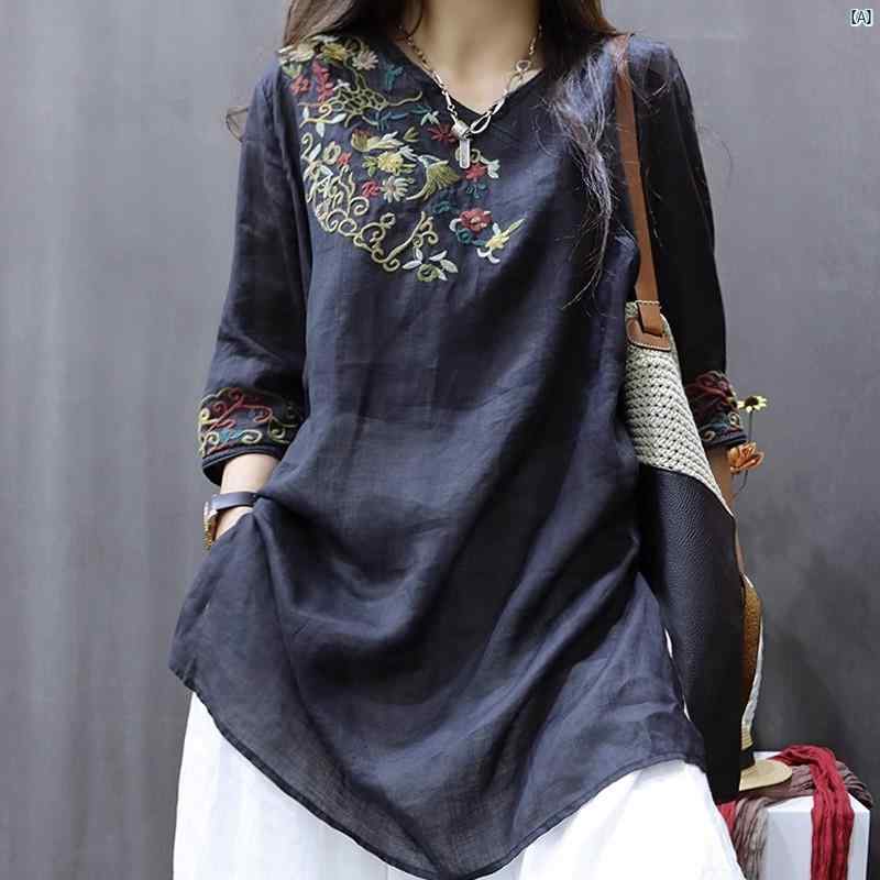 レディース　ファッション ハイエンド ラミー トップス 夏 レディース レトロ 刺繍 シャツ スリム スプリット Tシャツ