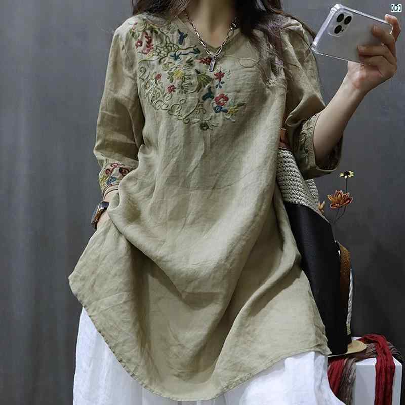 レディース　ファッション ハイエンド ラミー トップス 夏 レディース レトロ 刺繍 シャツ スリム スプリット Tシャツ