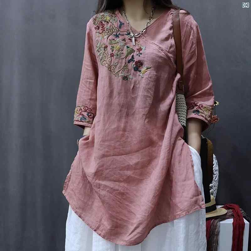 レディース　ファッション ハイエンド ラミー トップス 夏 レディース レトロ 刺繍 シャツ スリム スプリット Tシャツ