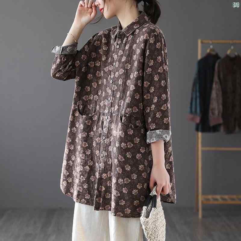 レディース　ファッション 春 新 レトロ コットンリネン 花柄 長袖 シャツ ジャケット レディースカジュアル ミドル丈 カーディガン トップ