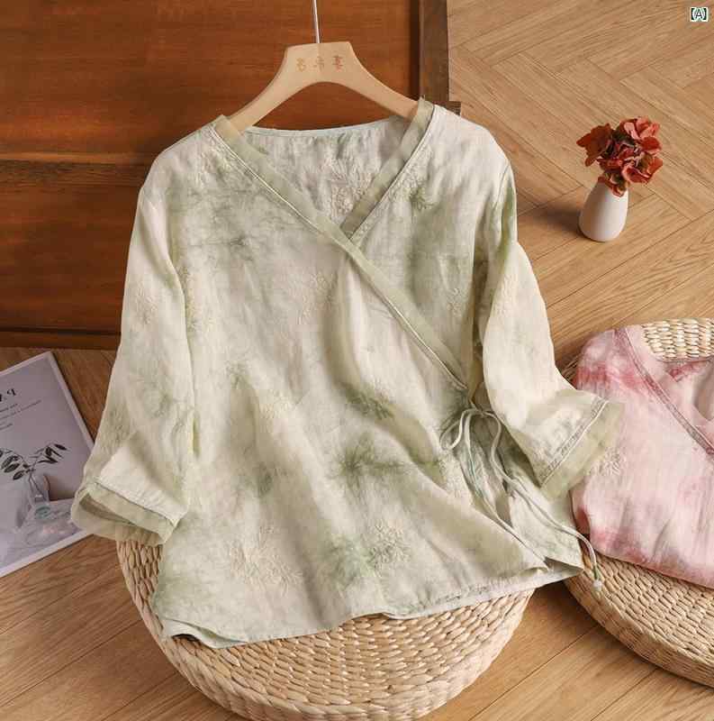 レディース　ファッション レディース 七分袖 プリント トップ 夏用 薄手 文学 レトロ ラミー 花柄 シャツ ハイエンド コットン リネンシャツ