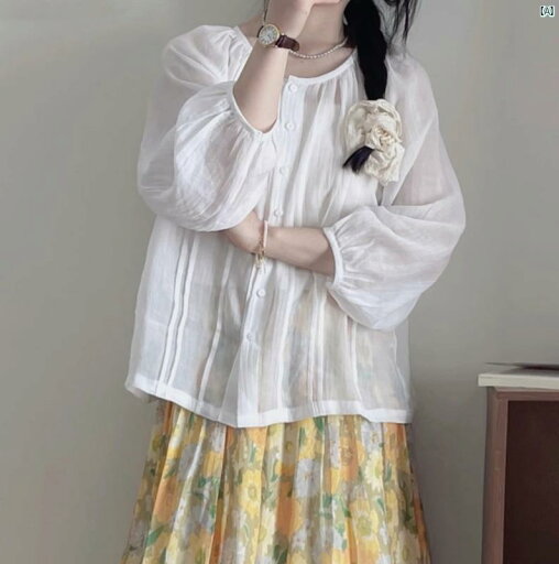 レディース ファッション 文学 風 婦歳 服 夏 新 ハイ カウント ラミー トップ レディース ホワイト シャツ ラウンドネック 七分袖 レディース ファッション 文学 風 婦歳 服 夏 新 ハイ カウント ラミー トップ レディース ホワイト シャツ ラウンドネック 七分袖