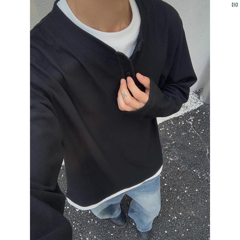 韓国メンズファッション メンズ　メンズファッション　海外　オシャレ ワッフル フェイク 2点 ヘンリー カラー Tシャツ メンズ 秋 ポロシャツ 長袖 アメリカン クリーン フィット スウェットシャツ