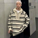 韓国メンズファッション メンズ メンズファッション 海外 オシャレ ストライプ コントラスト ハーフ ジップ タートルネックセーター 男性 春秋 新 プルオーバー セーター(4)