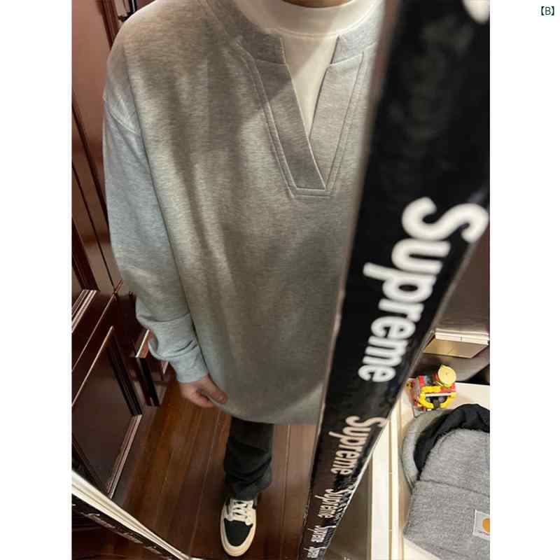 韓国メンズファッション メンズ　メンズファッション　海外　オシャレ グレー フェイク 2点 長袖 Tシャツ メンズ Vネックプルオーバー スウェットシャツ クリーン フィット アメリカン レトロ インナー レイヤリング シャツ