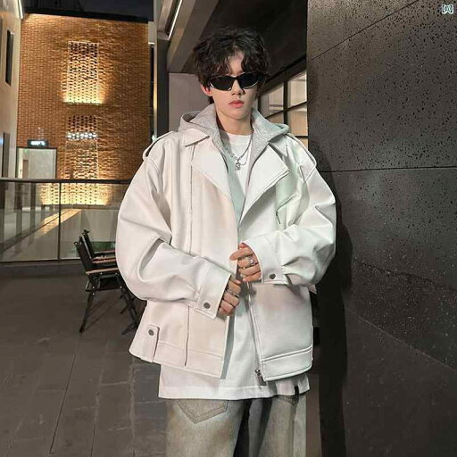 メンズ 海外ファッション 韓国ファッション フェイク 2点 フード付き レザージャケット メンズ 春秋 クリーン フィット ハイエンド カジュアル ジャケット メンズ 海外ファッション 韓国ファッション フェイク 2点 フード付き レザージャケット メンズ 春秋 クリーン フィット ハイエンド カジュアル ジャケット
