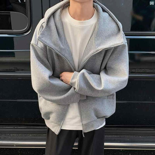メンズ 海外ファッション 韓国ファッション グレー クリーン フィット フード付き スウェットシャツ 男性 春秋 500 グラム ヘビーウェイト 厚手 ジッパー ジャケット メンズ 海外ファッション 韓国ファッション グレー クリーン フィット フード付き スウェットシャツ 男性 春秋 500 グラム ヘビーウェイト 厚手 ジッパー ジャケット