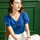 レディース ファッション おしゃれ 海外 上品 レディース フランス コットン T パフスリーブ Tシャツ 半袖 スリム Vネック 西洋 五分袖 ツイスト トップ 小柄 シャツ 夏(4)