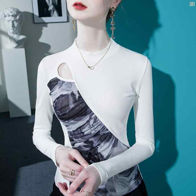 レディース　ファッション　おしゃれ　海外　上品　レディース スタンドカラー プリント パッチワーク トップス スリムフィット 秋 Tシャツ