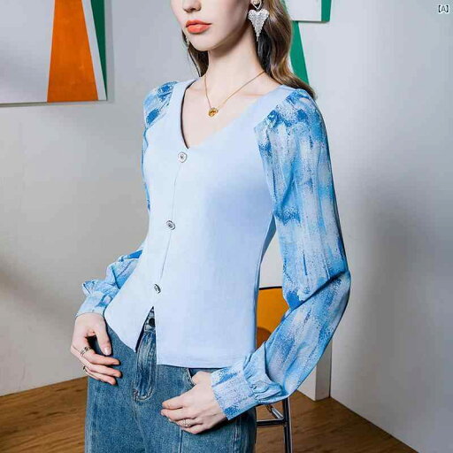 レディース ファッション おしゃれ 海外 上品 レディース Vネック ボタン 装飾 トップ スリムフィット 秋 シフォン スプライシング パフスリーブ 小柄 レディース ファッション おしゃれ 海外 上品 レディース Vネック ボタン 装飾 トップ スリムフィット 秋 シフォン スプライシング パフスリーブ 小柄