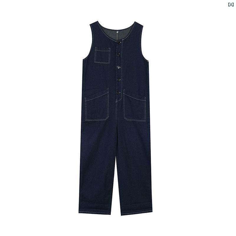 ガールズ デニム ノースリーブ サスペンダー ジャンプ スーツ カジュアル ワイド レッグ パンツ 春秋新 中 大型 子供 作業 オーバー オール