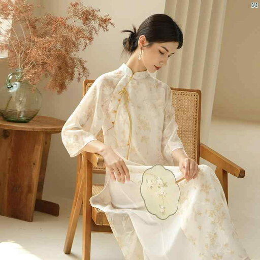 レディース ドレス ファッション Yuying 夏 ラグラン 袖 中華風 アオザイ チャイナ ドレス シフォン プリント ディスク ボタン エレガント レディース ドレス ファッション Yuying 夏 ラグラン 袖 中華風 アオザイ チャイナ ドレス シフォン プリント ディスク ボタン エレガント