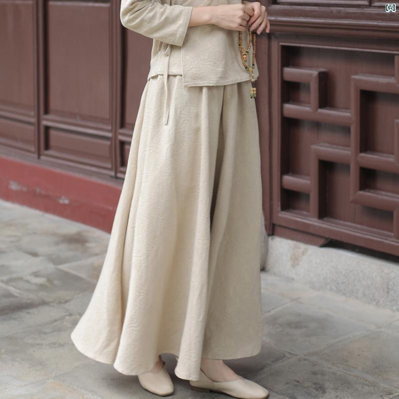 レディース ドレス　ファッション Zimo 秋冬 厚手 リネン コットン ジャカード 瞑想 茶師服 ハイウエスト スリム レディース フル スイング ハーフ レングス スカート