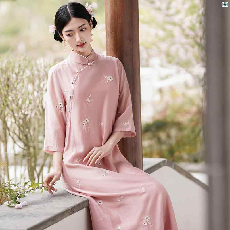 レディース ドレス　ファッション Fusheng 中華風 民族風 夏 ハイエンド フェアリー ドレス レトロ 瞑想 茶 刺繍 ビッグ スイング