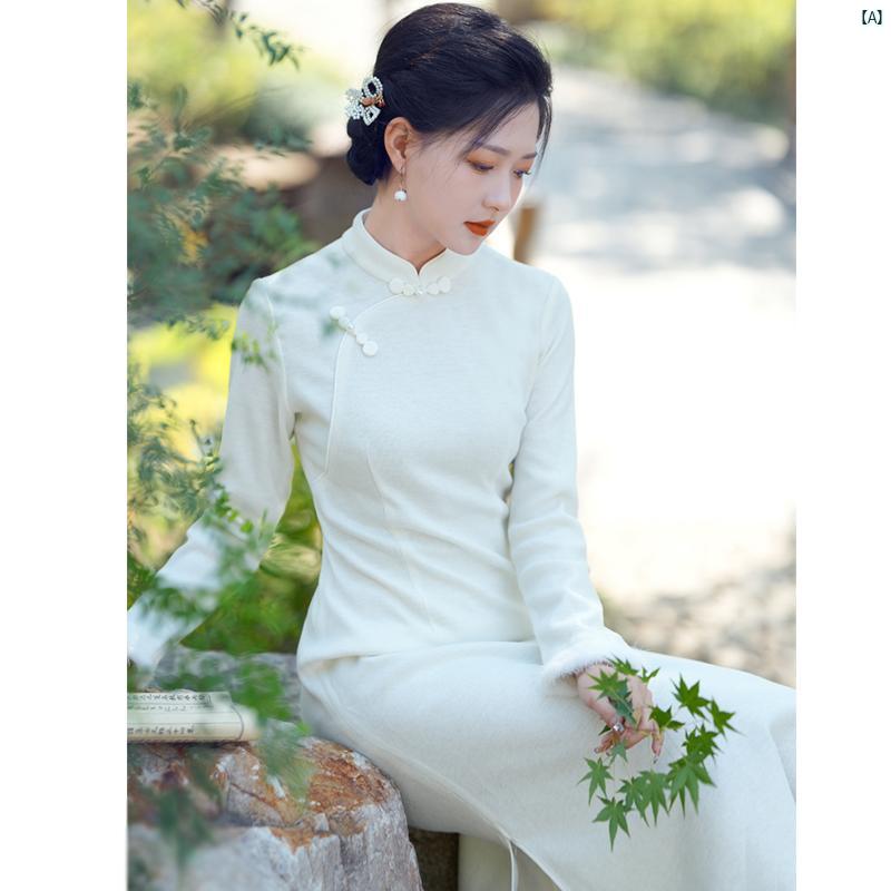 レディース ドレス　ファッション 秋冬 中華風 ホワイト ドレス スリムフィット 編み チャイナ ロング スカート