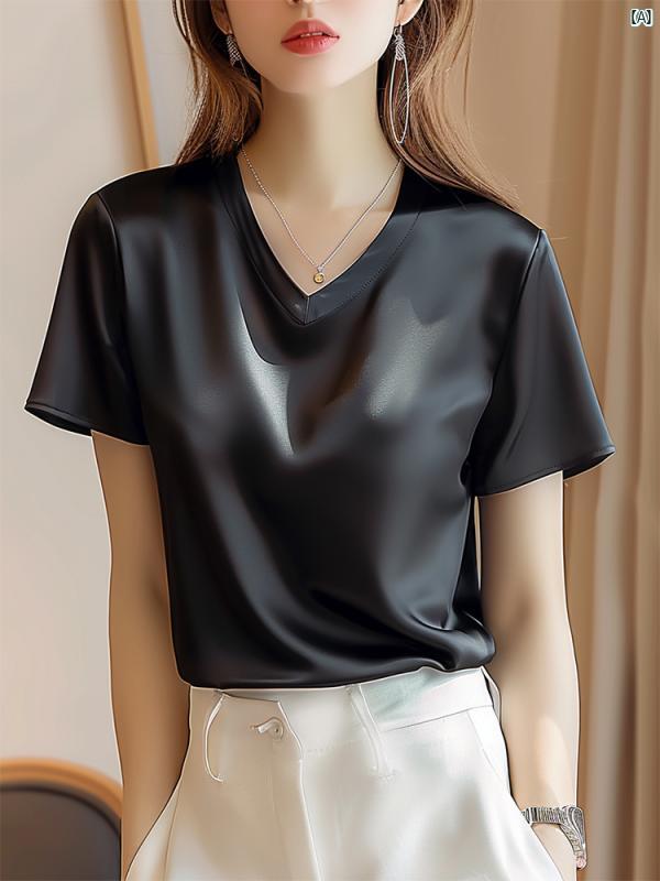 レディース　ママ　お母さん レディース ブラック t シャツ 夏 サテン ハイエンド 冷感 半袖 トップのサムネイル